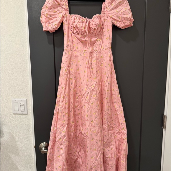 House of CB Tallulah Pink Floral Puff Sleeve Midi Dress size Small - Picture 3 of 5
